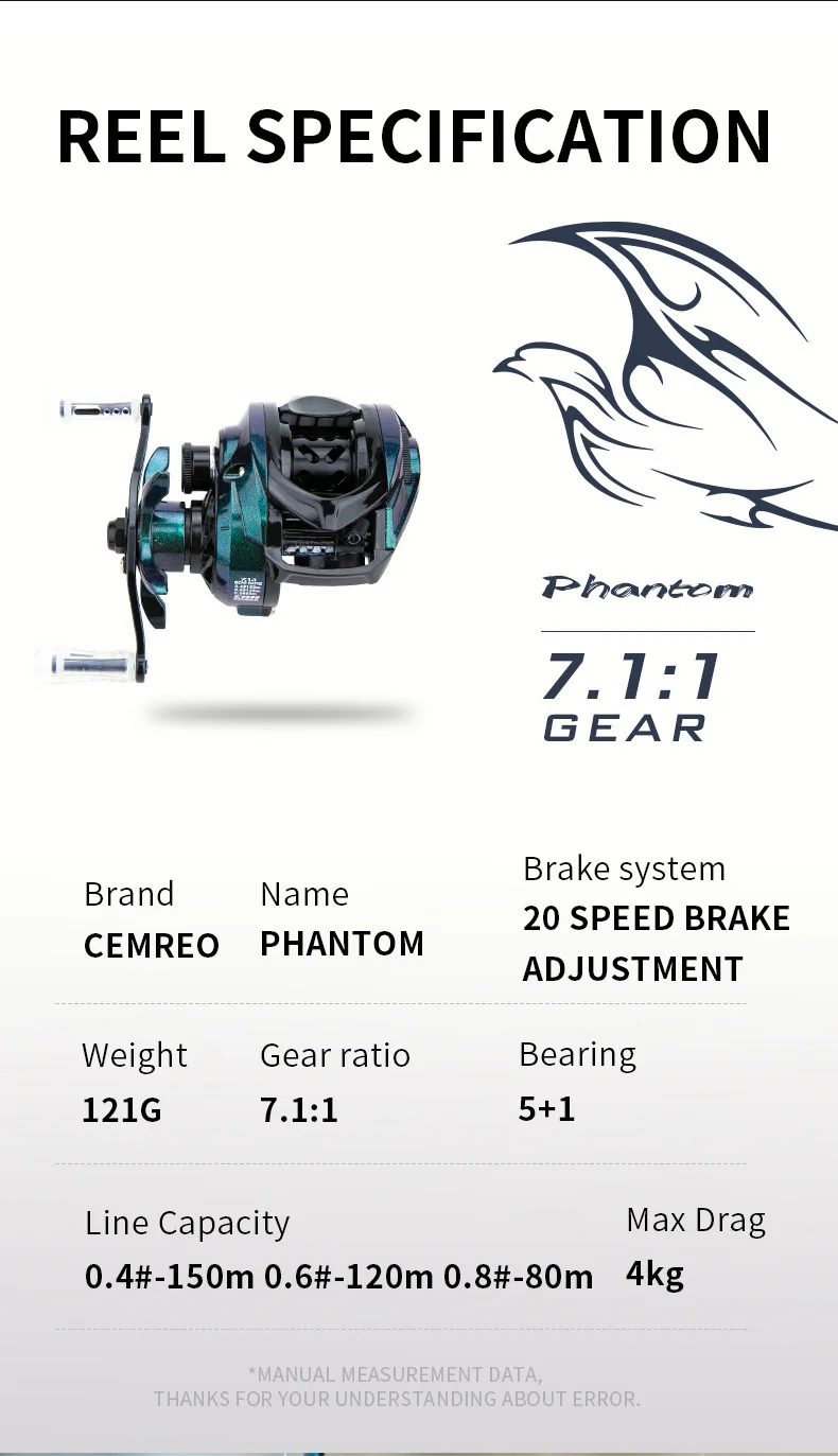 Bait Casting Fishing Reel 121g Light Weight Carbon Fiber Body 4kg Drag Power for Small Fish Fishing Model:PHANTOM