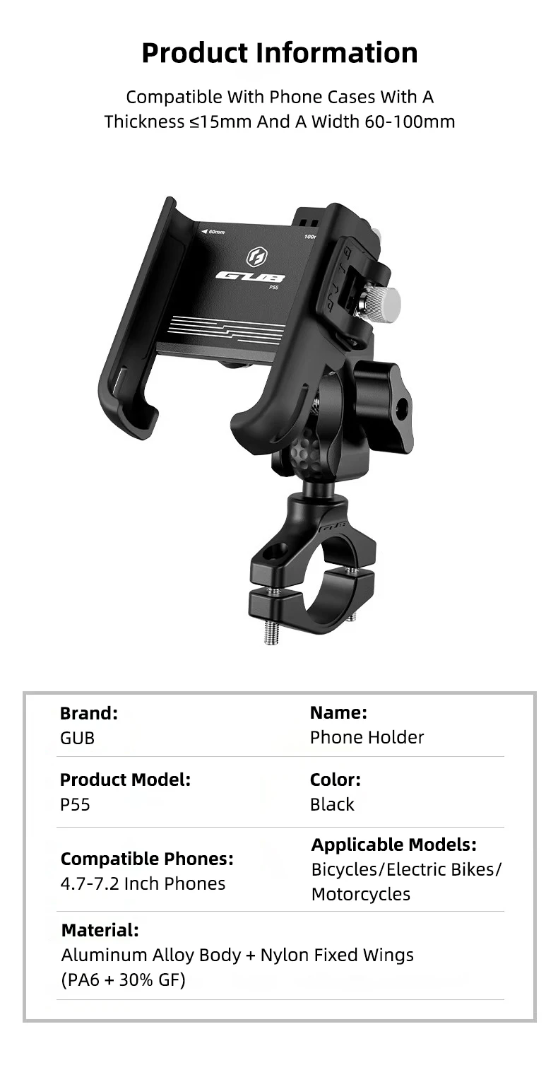 GUB P55 Motorcycle Bike Phone Holder Mount Not Block Camera Bicycle Phone Holder with 720 Degree Rotation for 4.7-7.2" Phone