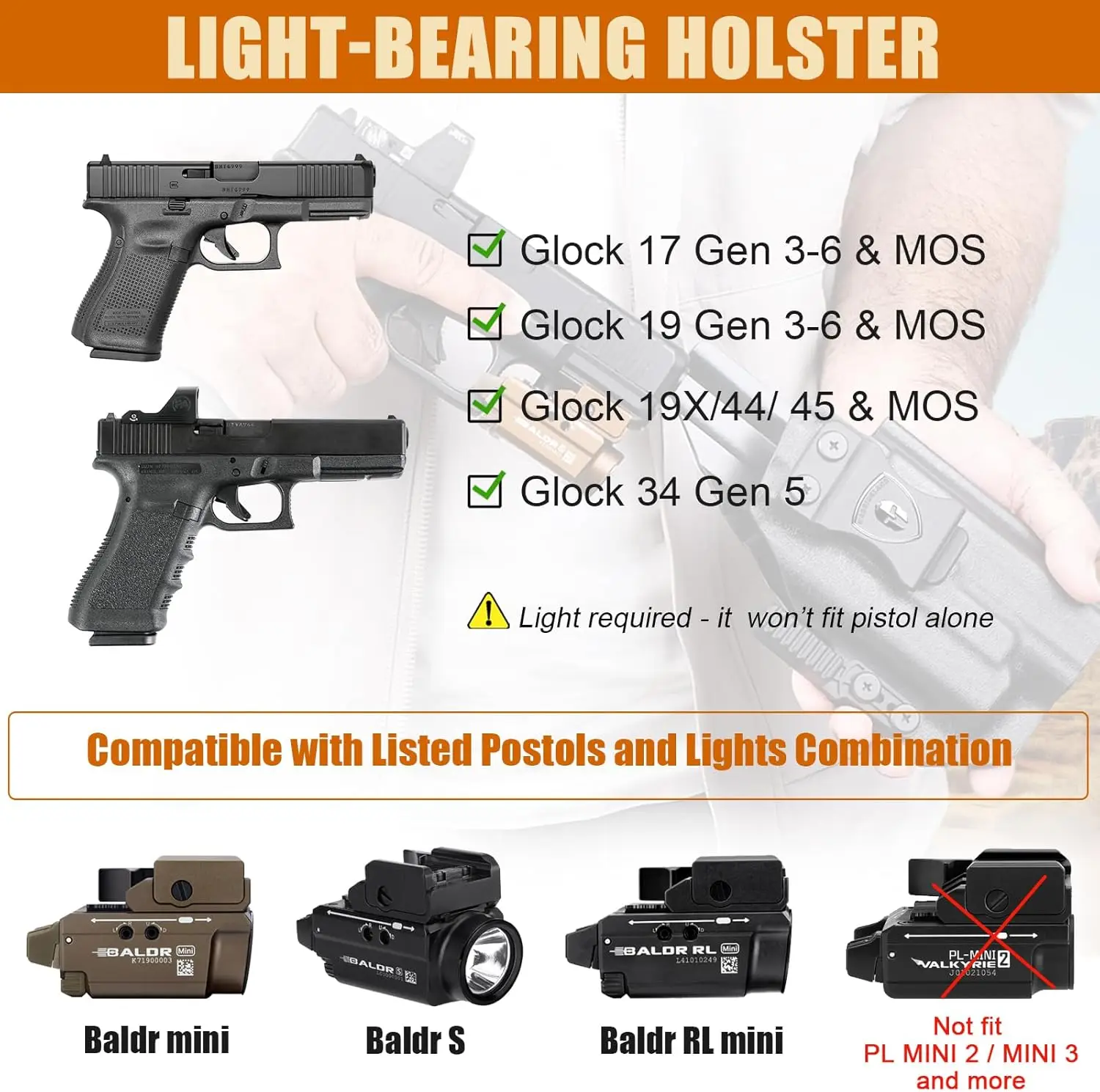 Only IWB Kydex Holster,Fit G17/19 Gen 3-6 &G19X/44/45 &G34 Gen 5 with Olight Baldr S/Mini/RL Mini,Right Hand
