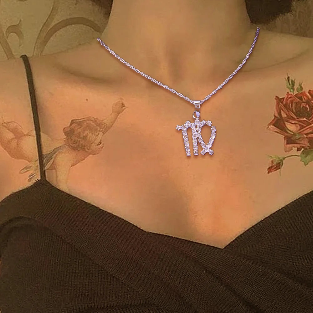 New Fashion Cute Elegant Star Zodiac 12 Constellation Necklace Jewelry Statement Pendant Necklace Crystal Designer Party Gifts
