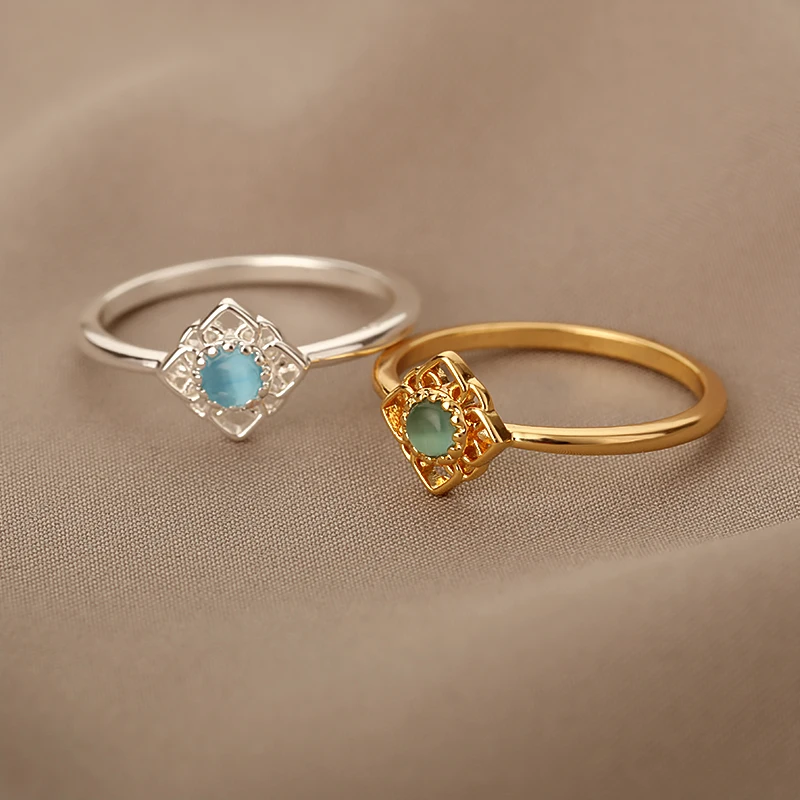 Green Opal Lotus Rings for Women Dainty Rings Stainless Steel Ring October Birthstone Finger Accessories Jewelry Gifts 2024