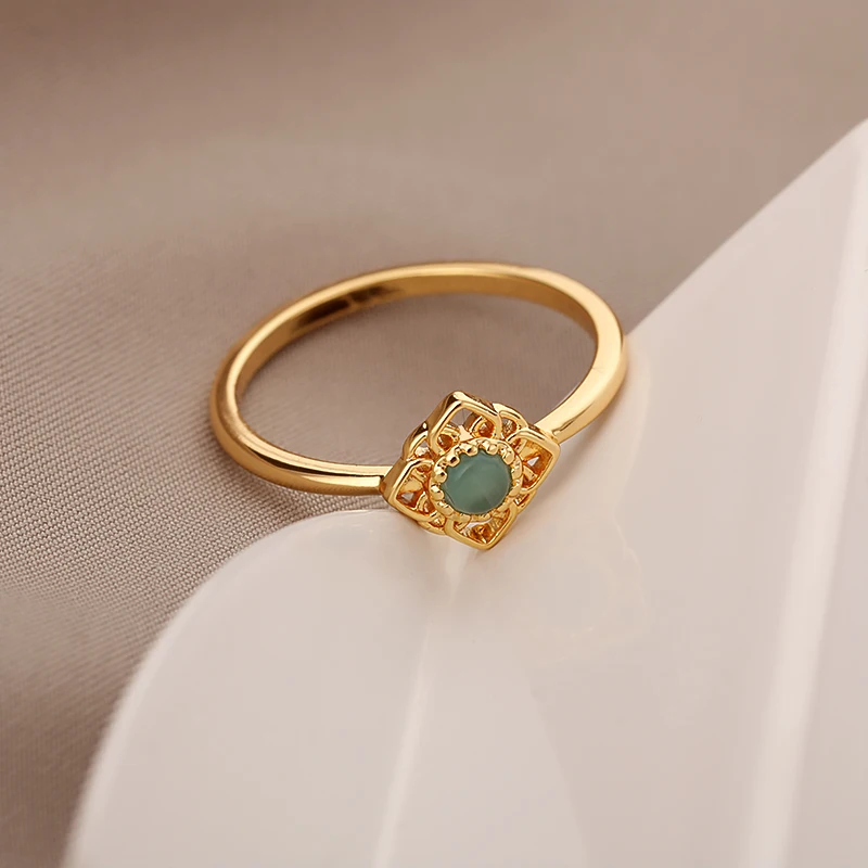 Green Opal Lotus Rings for Women Dainty Rings Stainless Steel Ring October Birthstone Finger Accessories Jewelry Gifts 2024