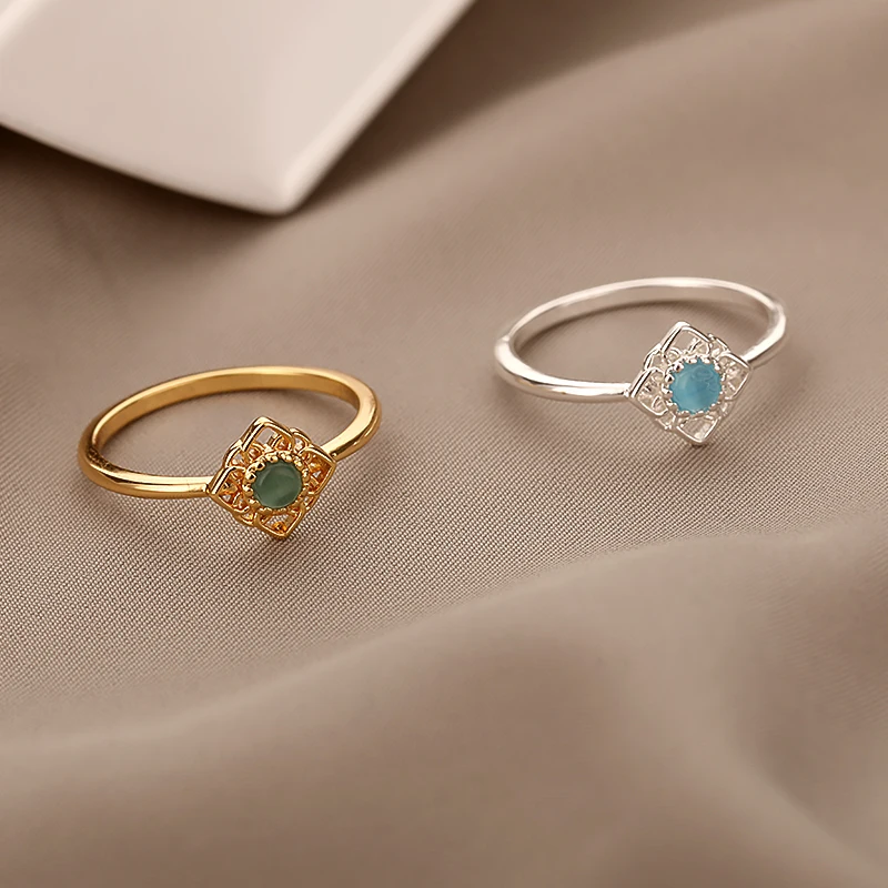 Green Opal Lotus Rings for Women Dainty Rings Stainless Steel Ring October Birthstone Finger Accessories Jewelry Gifts 2024