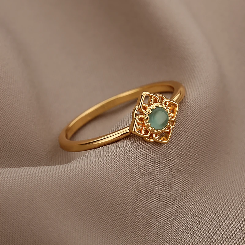 Green Opal Lotus Rings for Women Dainty Rings Stainless Steel Ring October Birthstone Finger Accessories Jewelry Gifts 2024