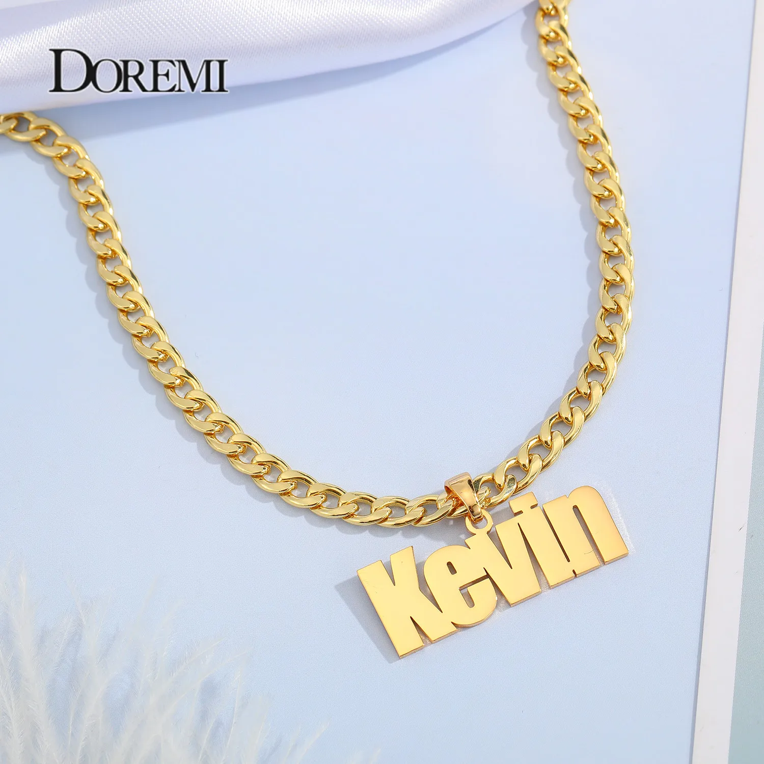 DOREMI 5MM Cuban chain Custom Name Necklace Personalized Stainless Steel Old English Letter Gold Necklace Pendant Nameplate Gift