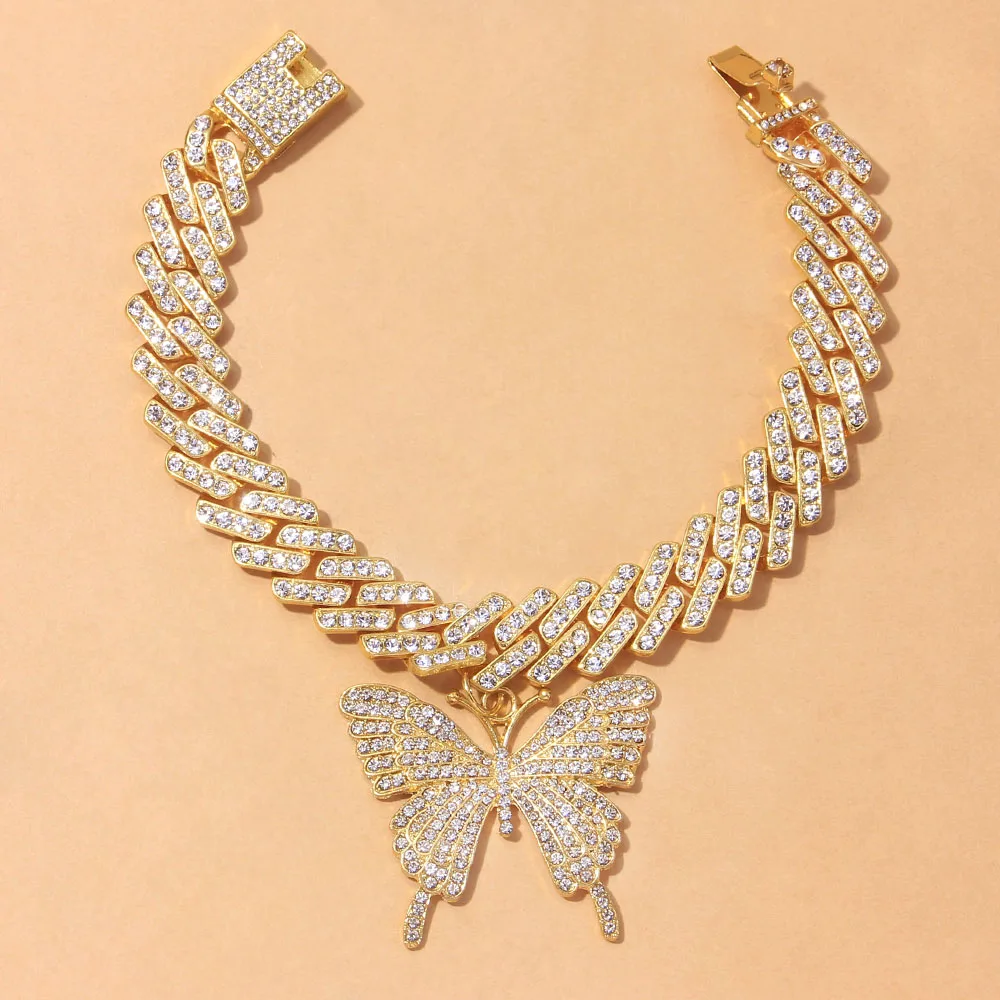 Punk Crystal Sandals Big Butterfly Anklets for Women Wholesale Men 2021 Rapper Cuban Link Chain Bracelets Iced Out Anklet Chunky
