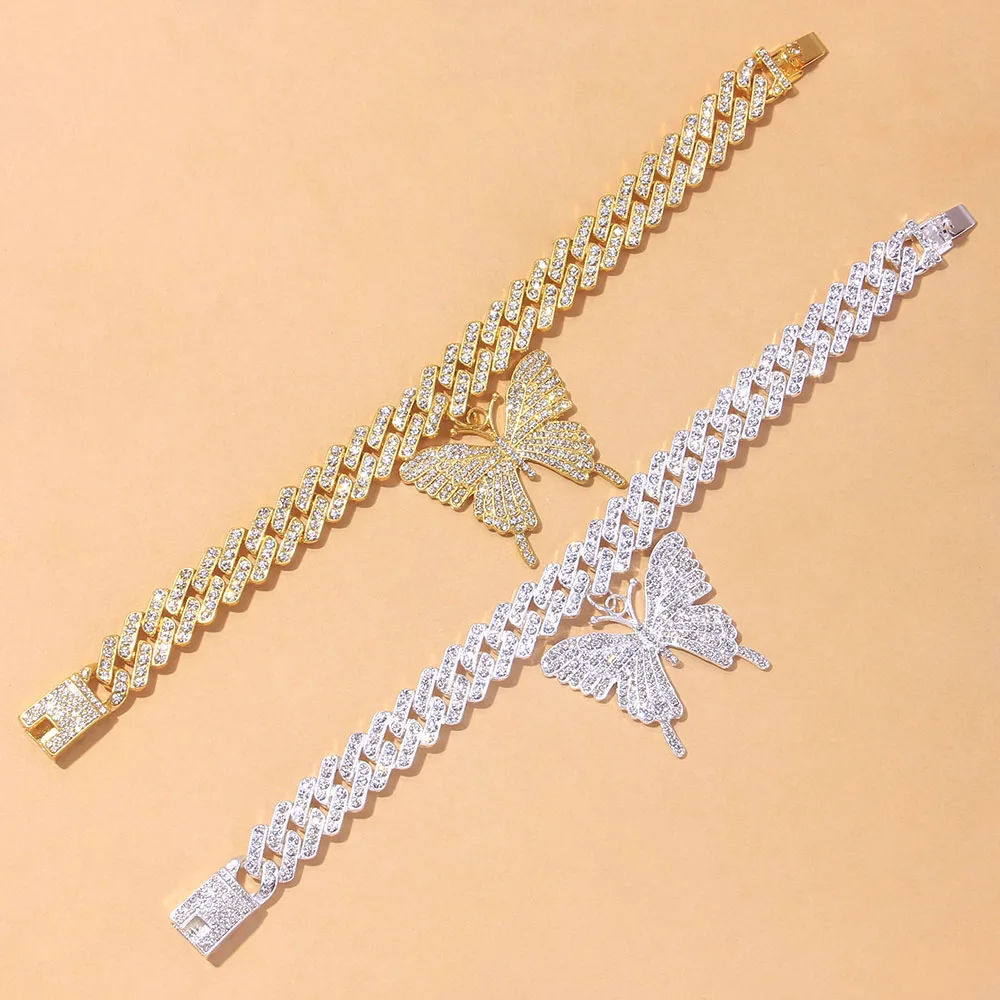 Punk Crystal Sandals Big Butterfly Anklets for Women Wholesale Men 2021 Rapper Cuban Link Chain Bracelets Iced Out Anklet Chunky