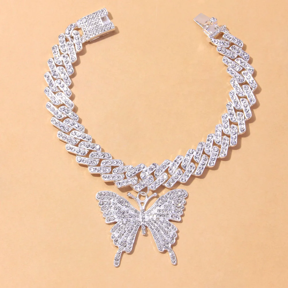 Punk Crystal Sandals Big Butterfly Anklets for Women Wholesale Men 2021 Rapper Cuban Link Chain Bracelets Iced Out Anklet Chunky