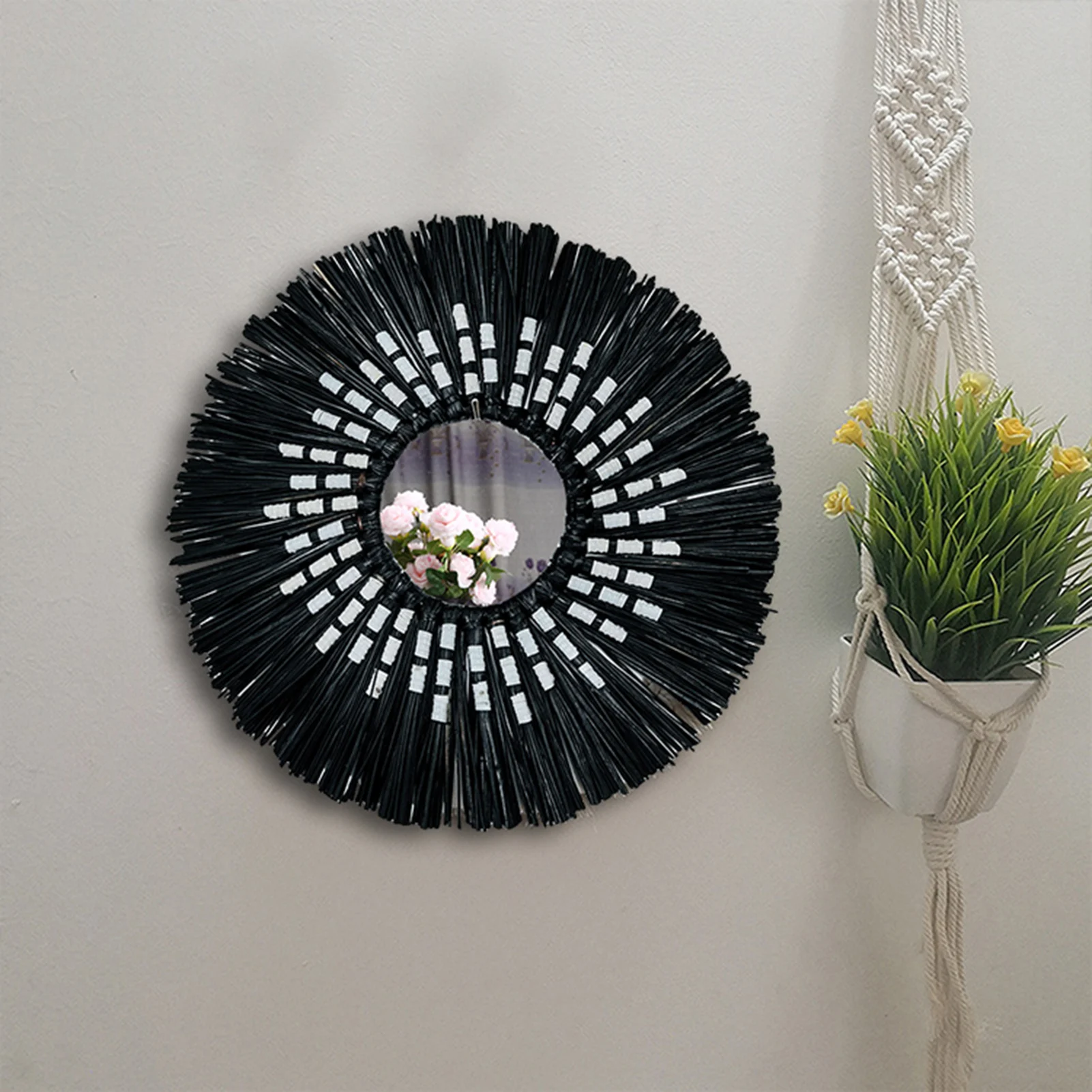 Straw Plaited Art Makeup Mirror Living Room Decorative Mirror Wall Hanging Decoration Mirror Bedroom Bathroom Dressing Mirror