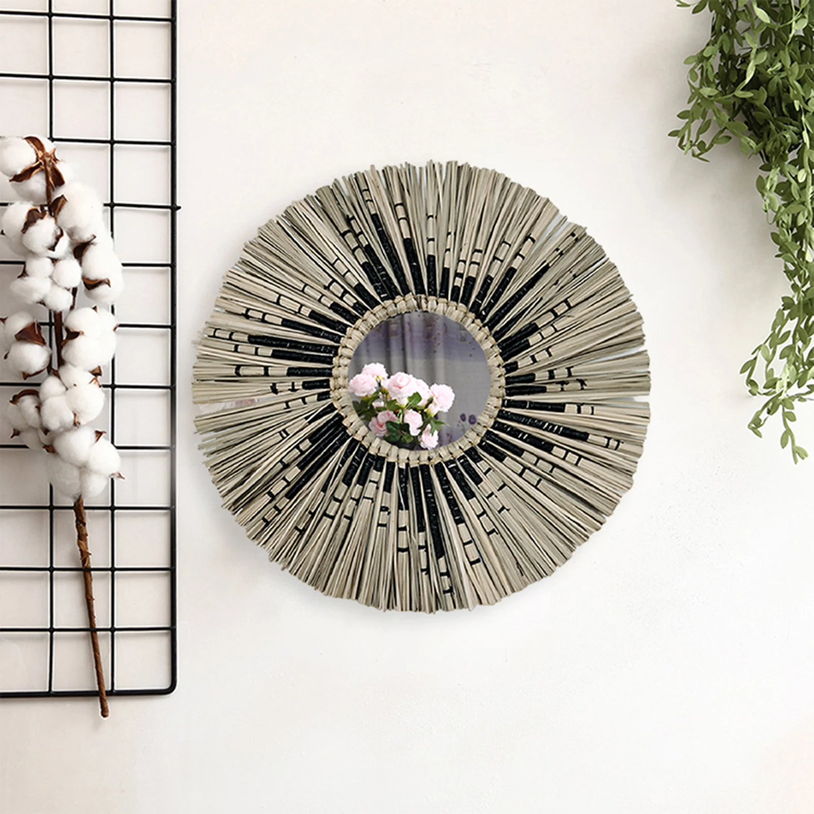 Straw Plaited Art Makeup Mirror Living Room Decorative Mirror Wall Hanging Decoration Mirror Bedroom Bathroom Dressing Mirror