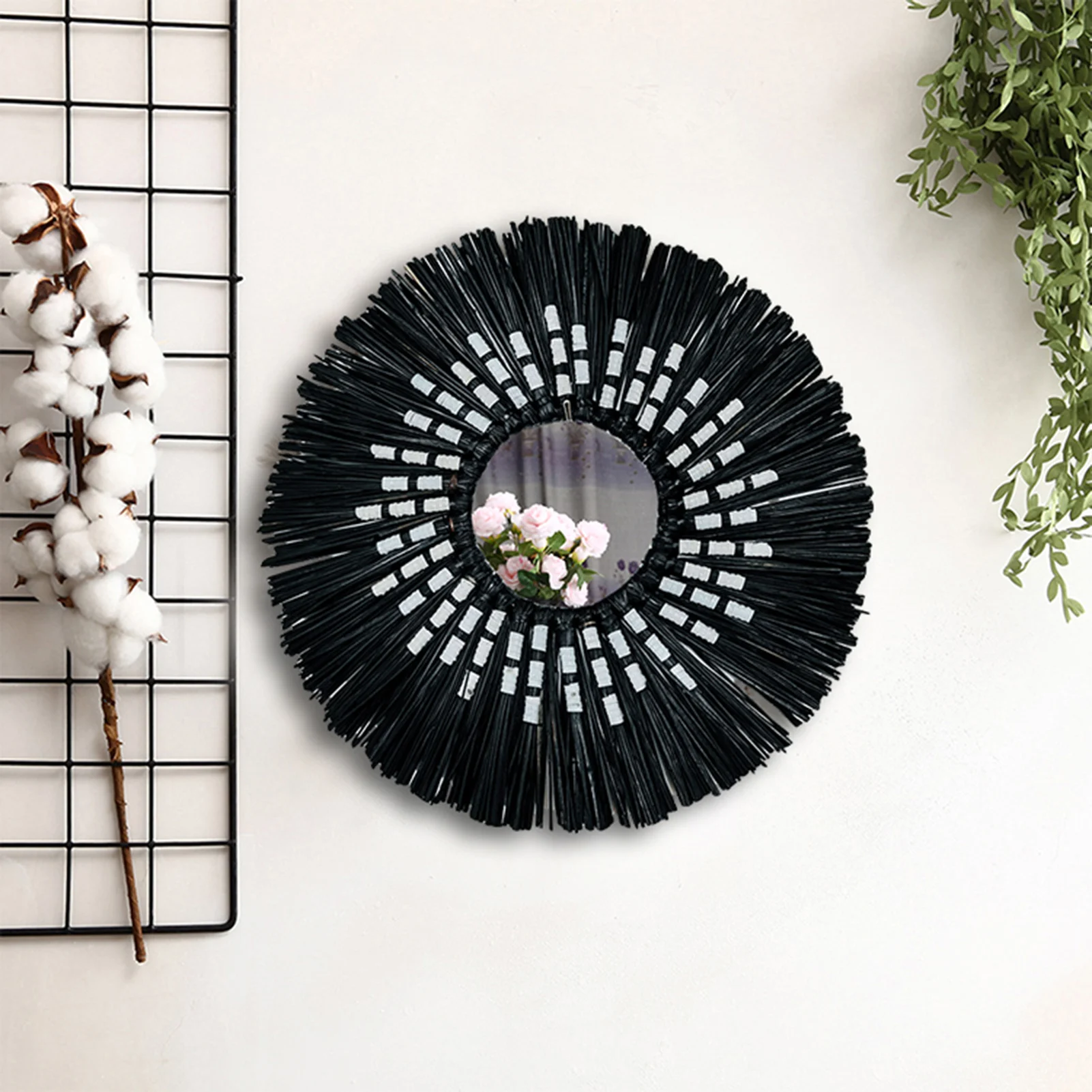 Straw Plaited Art Makeup Mirror Living Room Decorative Mirror Wall Hanging Decoration Mirror Bedroom Bathroom Dressing Mirror