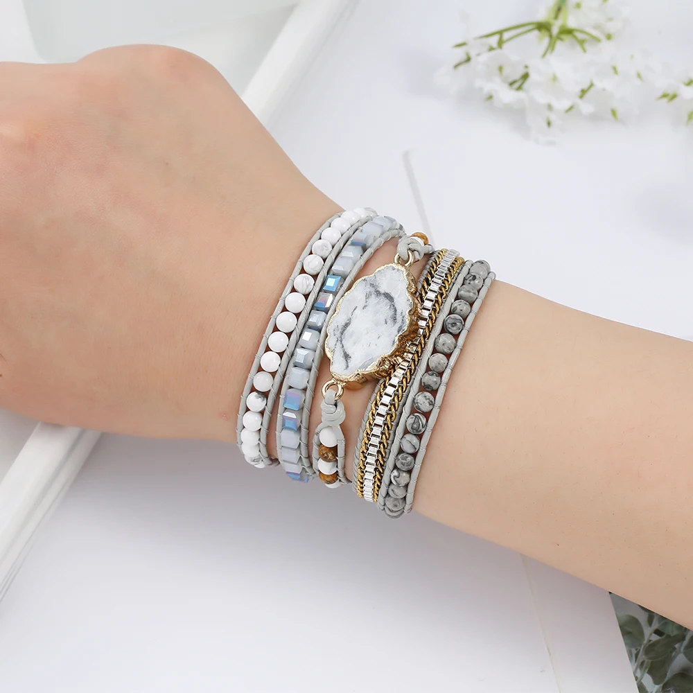 Dropship Native Inspired Designer Genuine Leather Bracelet Dalmatian Stone Mix 5 Strands Handwoven Wrap Bangle Bohemian Jewelry