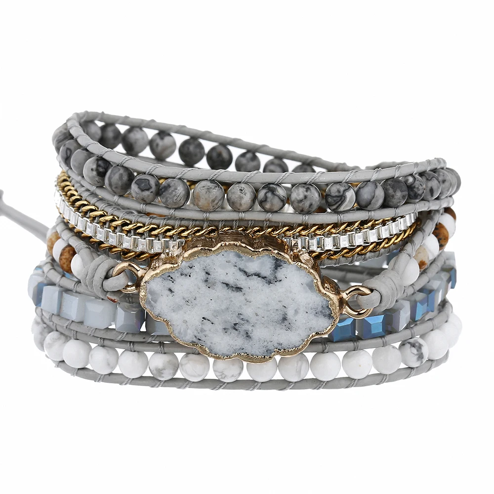 Dropship Native Inspired Designer Genuine Leather Bracelet Dalmatian Stone Mix 5 Strands Handwoven Wrap Bangle Bohemian Jewelry