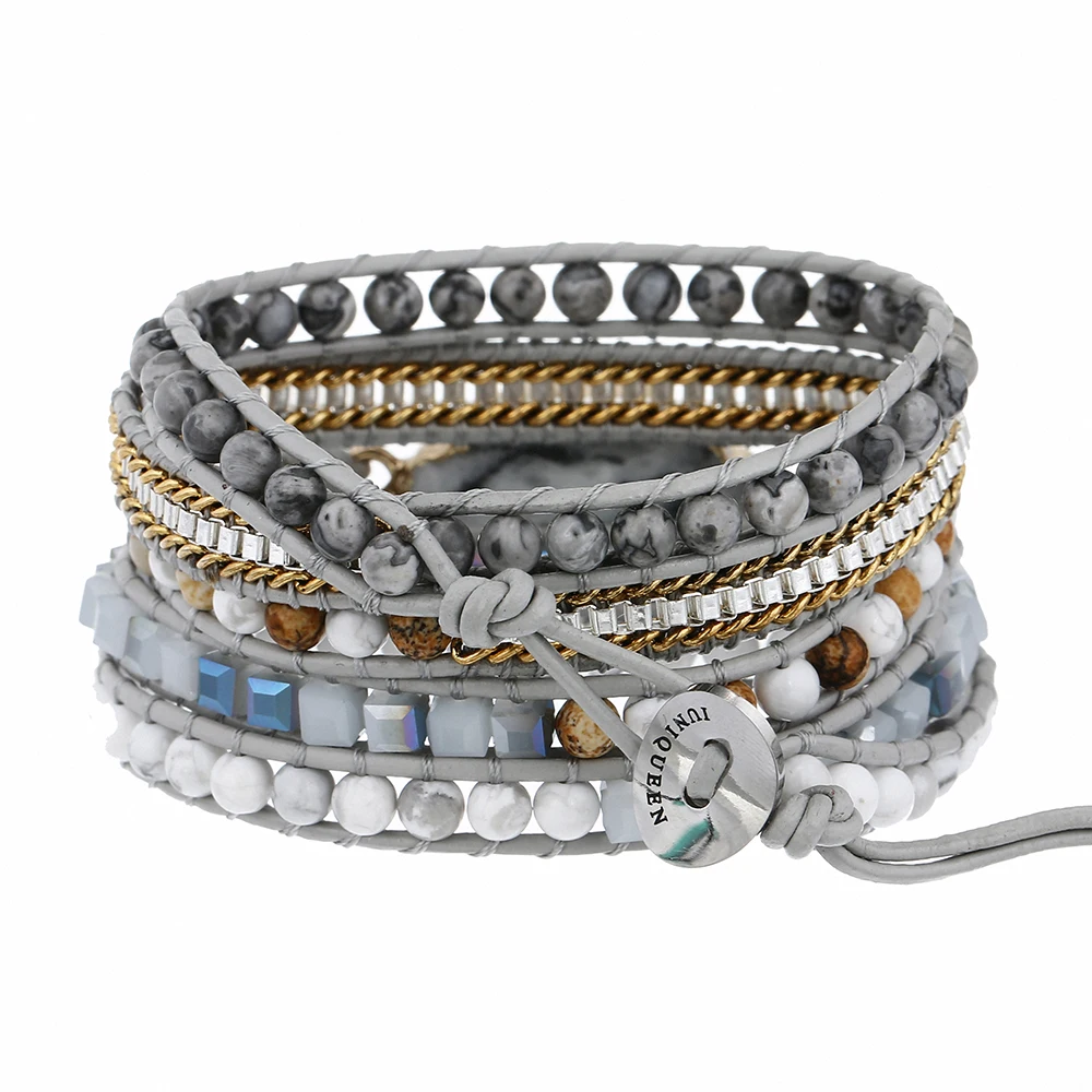 Dropship Native Inspired Designer Genuine Leather Bracelet Dalmatian Stone Mix 5 Strands Handwoven Wrap Bangle Bohemian Jewelry