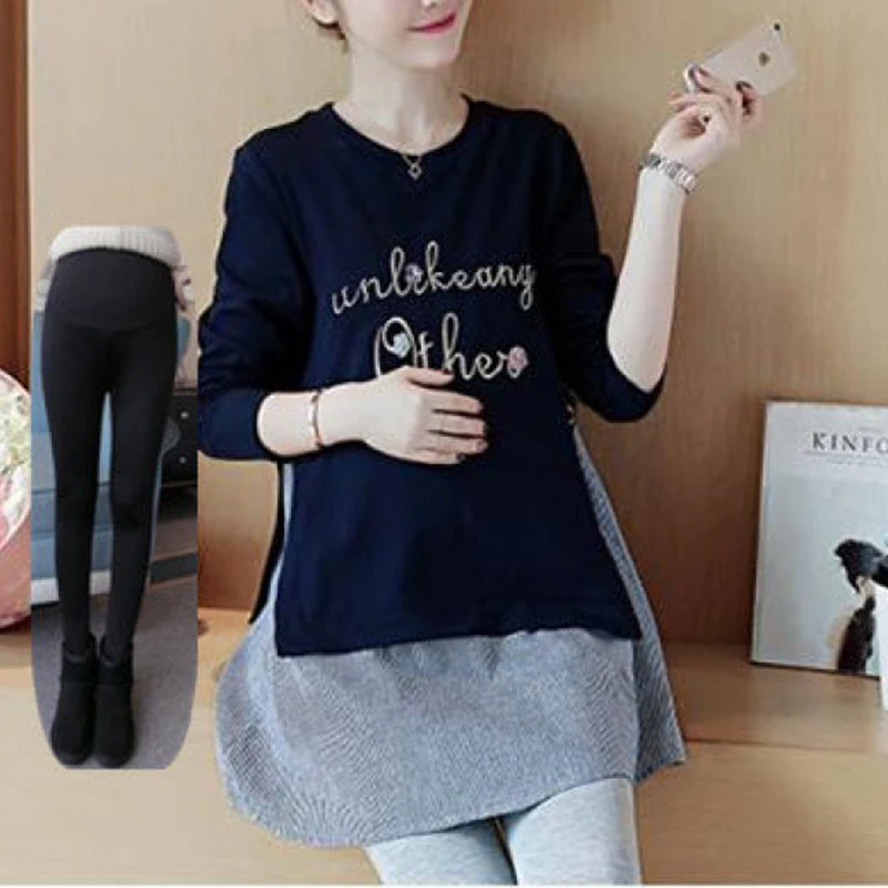 Maternity Autumn And Winter Clothes Long Sleeves Pregnancy Relaxed Rest Pregnant Wear Pullover Fleece Thickened Maternity Tshirt