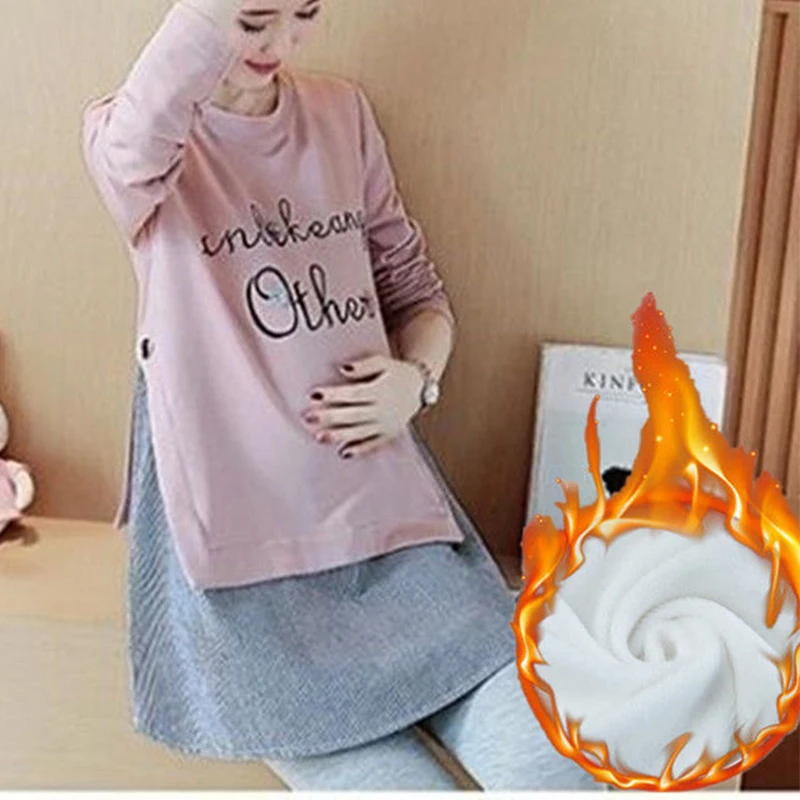 Maternity Autumn And Winter Clothes Long Sleeves Pregnancy Relaxed Rest Pregnant Wear Pullover Fleece Thickened Maternity Tshirt