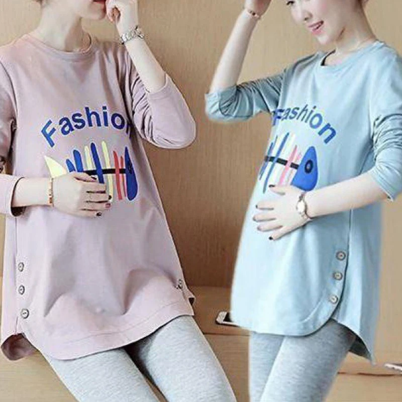 Maternity Autumn And Winter Clothes Long Sleeves Pregnancy Relaxed Rest Pregnant Wear Pullover Fleece Thickened Maternity Tshirt