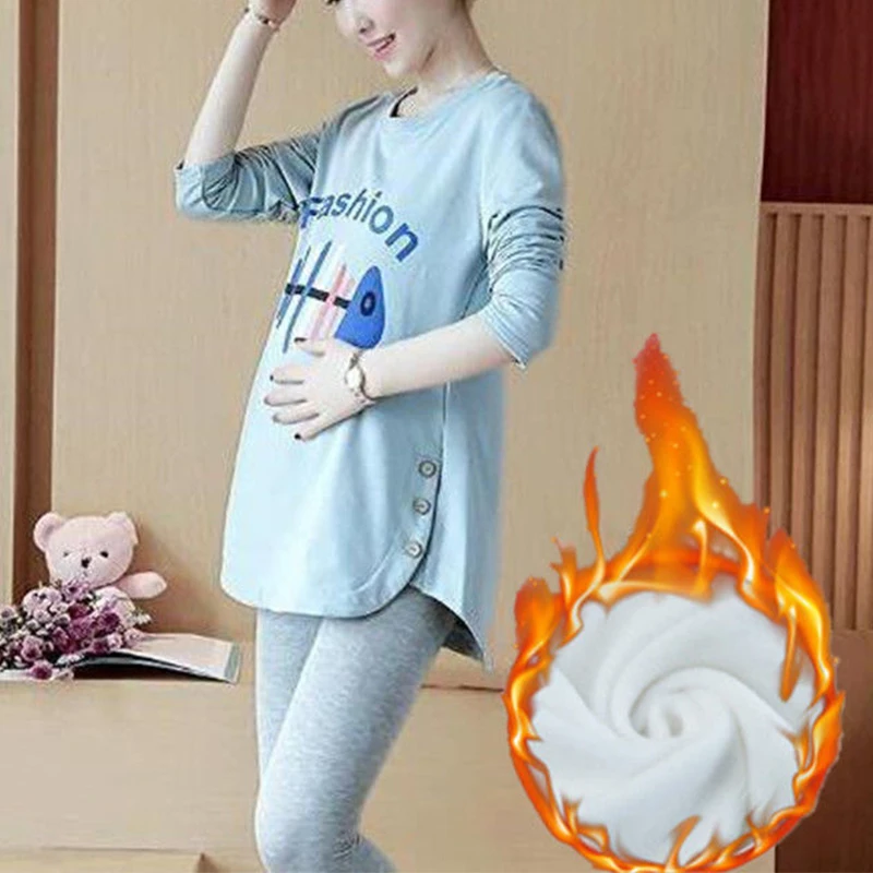 Maternity Autumn And Winter Clothes Long Sleeves Pregnancy Relaxed Rest Pregnant Wear Pullover Fleece Thickened Maternity Tshirt