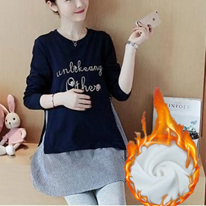 Maternity Autumn And Winter Clothes Long Sleeves Pregnancy Relaxed Rest Pregnant Wear Pullover Fleece Thickened Maternity Tshirt