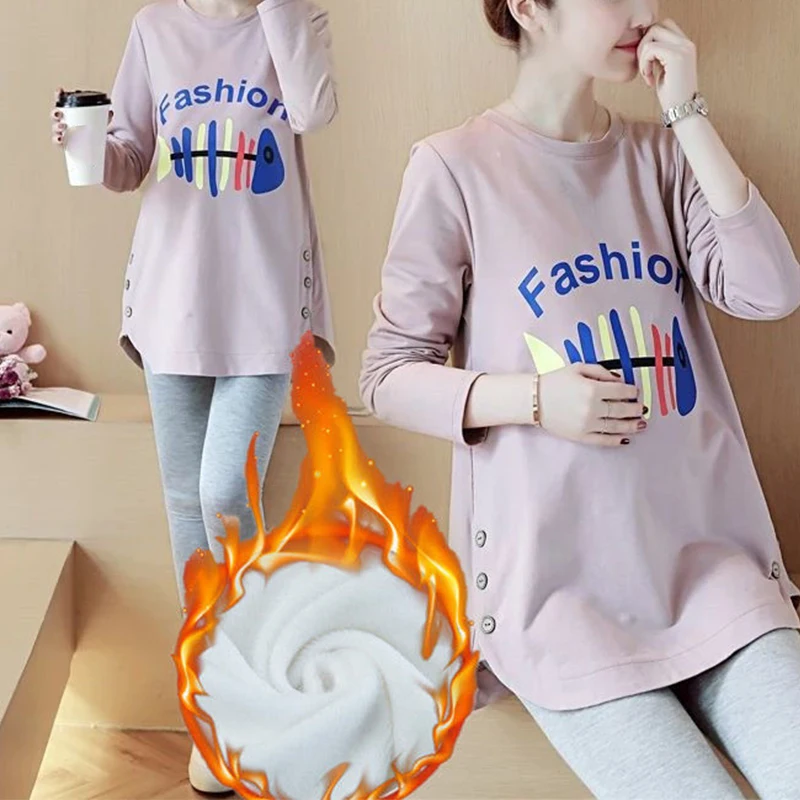 Maternity Autumn And Winter Clothes Long Sleeves Pregnancy Relaxed Rest Pregnant Wear Pullover Fleece Thickened Maternity Tshirt