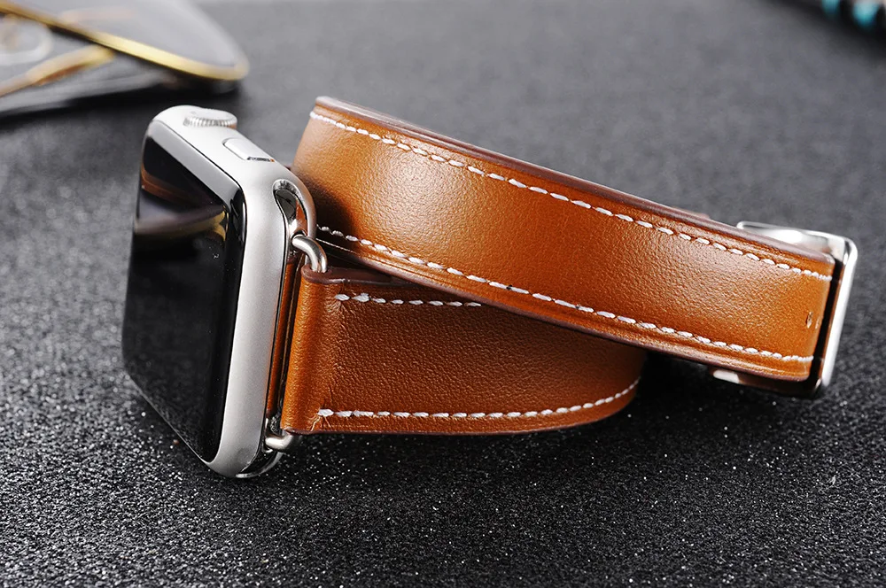 Double tour for Apple watch band 44mm 40mm 45mm 41mm 42mm 38mm Genuine Leather correa bracelet iWatch series 3 4 5 se 6 7 strap