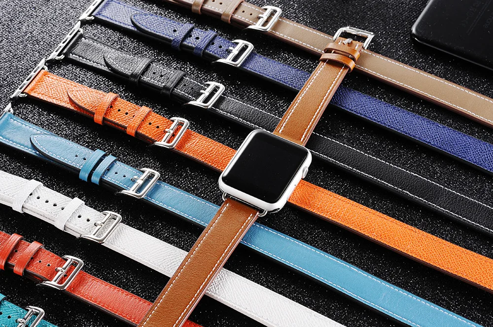 Double tour for Apple watch band 44mm 40mm 45mm 41mm 42mm 38mm Genuine Leather correa bracelet iWatch series 3 4 5 se 6 7 strap