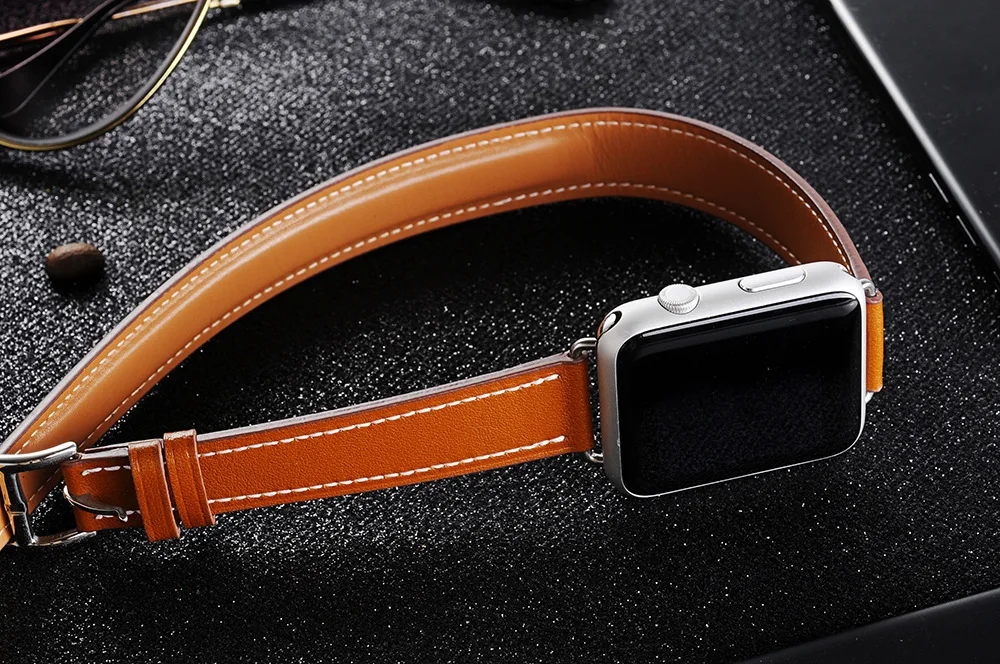 Double tour for Apple watch band 44mm 40mm 45mm 41mm 42mm 38mm Genuine Leather correa bracelet iWatch series 3 4 5 se 6 7 strap