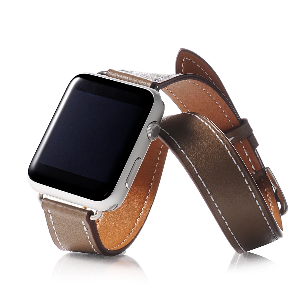 Double tour for Apple watch band 44mm 40mm 45mm 41mm 42mm 38mm Genuine Leather correa bracelet iWatch series 3 4 5 se 6 7 strap
