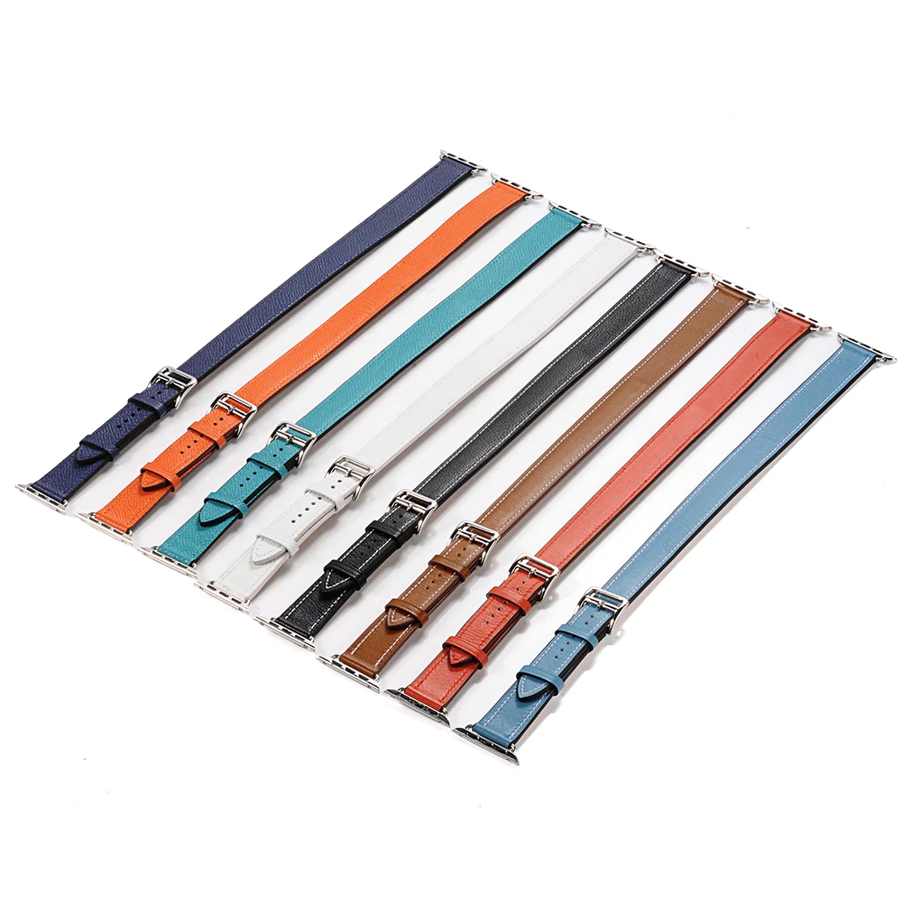 Double tour for Apple watch band 44mm 40mm 45mm 41mm 42mm 38mm Genuine Leather correa bracelet iWatch series 3 4 5 se 6 7 strap