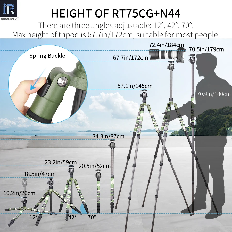 RT75CG/85CG Camouflage Carbon Fiber Tripod Monopod for DSLR Camera and Professional Video Camcorder with Low Profile Ball Head