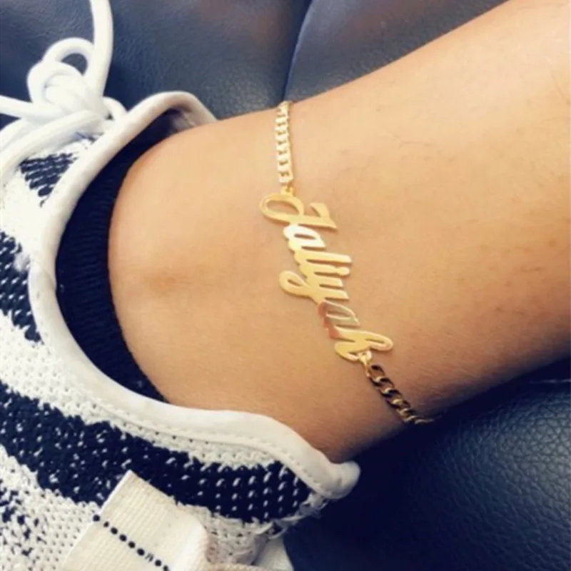DOREMI Stainless Steel Namepalte Anklet 5mm Cuban Leg Jewelry Custom Vintage Number Name Anklet Personalized Foot Anniversary
