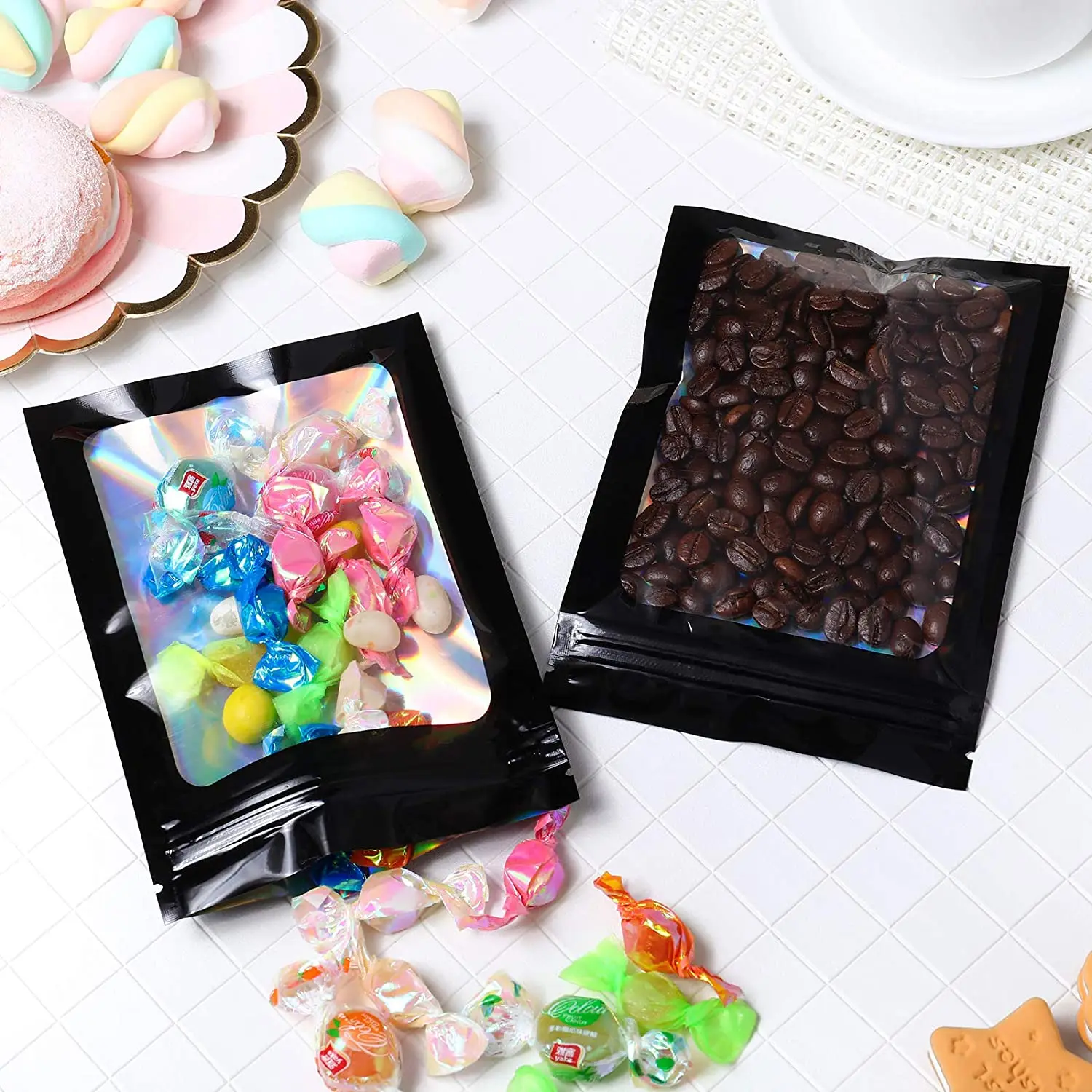 100 Pc Smell Proof Mylar Bags Resealable Odor Proof Bags Holographic Packaging Pouch Bag With Clear Window For Food