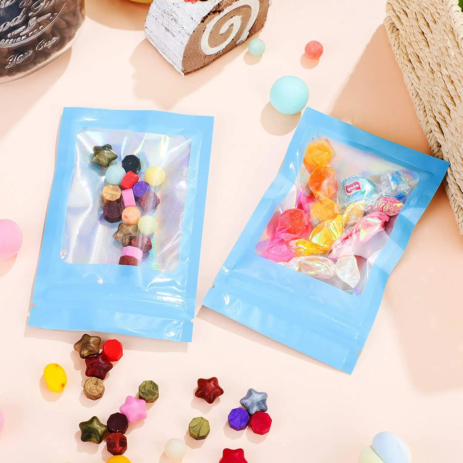 100 Pc Smell Proof Mylar Bags Resealable Odor Proof Bags Holographic Packaging Pouch Bag With Clear Window For Food