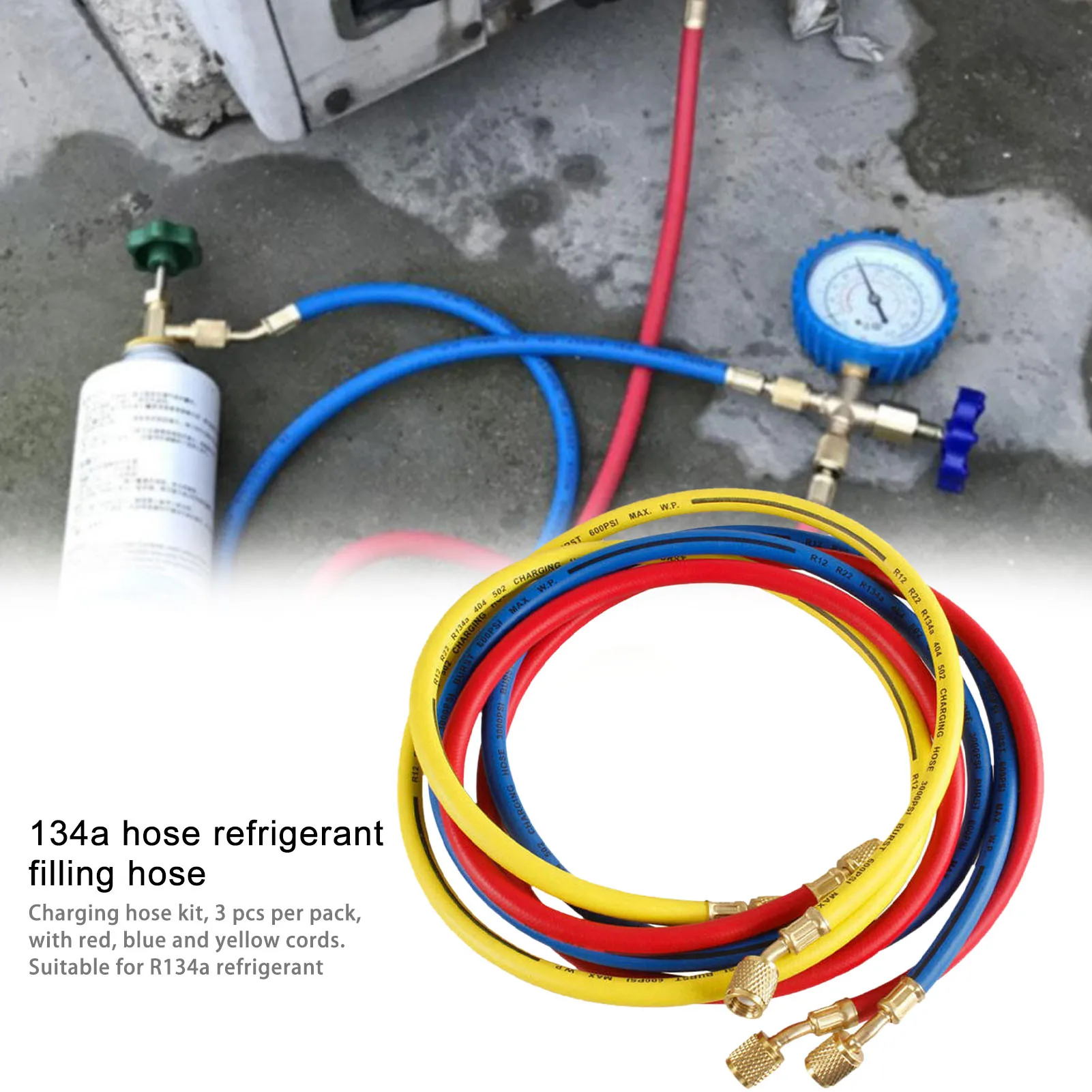 3PCS R134A R410A R22 R12 800 PSI Manifold Gauge Set Refrigeration Charging Hose HVAC Refrigerant Charging Hoses Set With Valve