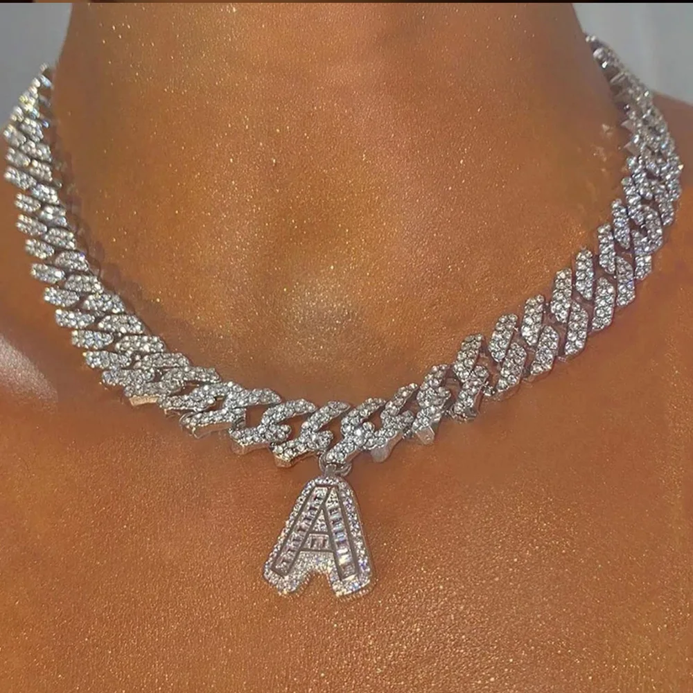 26 Baguette Letter Hip Hop Initial Necklace Stainless Steel Jewelry Iced Out Cuban Link Chain Men Necklace for Women Christmas