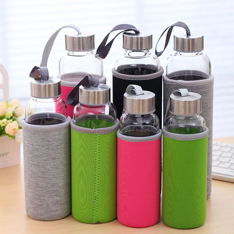 Glass Water Bottle with Stainless Steel Lid and Protective Bag, Sport Bottle, BPA Free, Travel Drink Bottle 360ml, 420 ml, 550ml