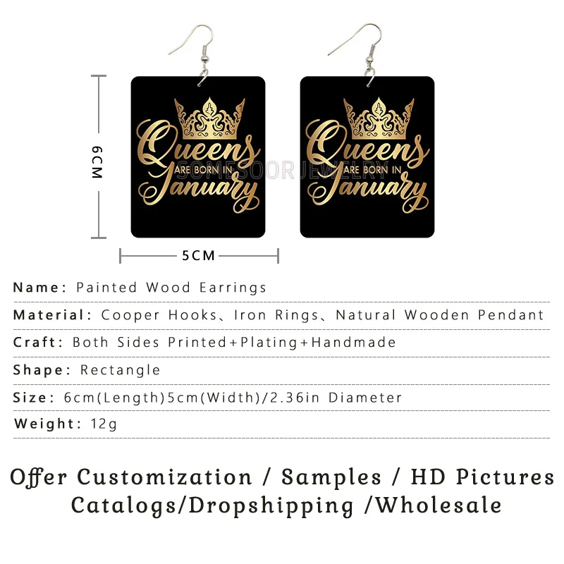 SOMESOOR Black Queen Are Born In 12 Months Wooden Drop Earrings Golden Crown Printed African Dangle For Women Birthday Gifts