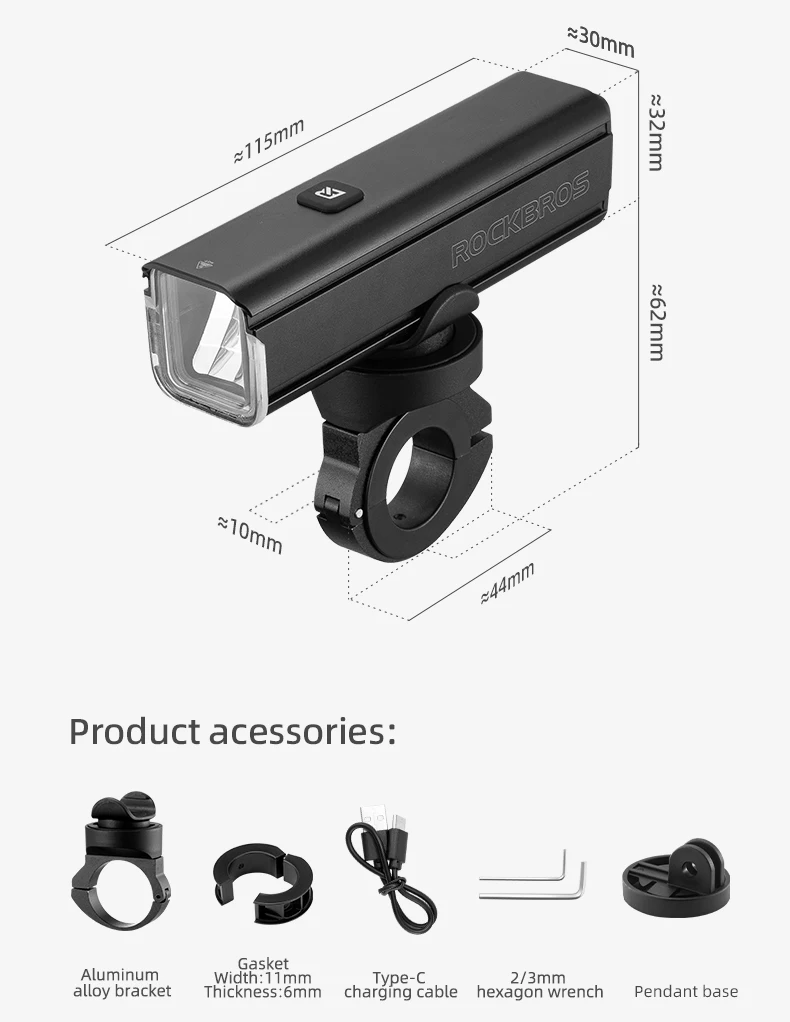 ROCKBROS Bike Front Light 1000LM 4500mAH Lamp Flashlight Type-C Bicycle Light Multi Install Headlights MTB Road Cycling Light