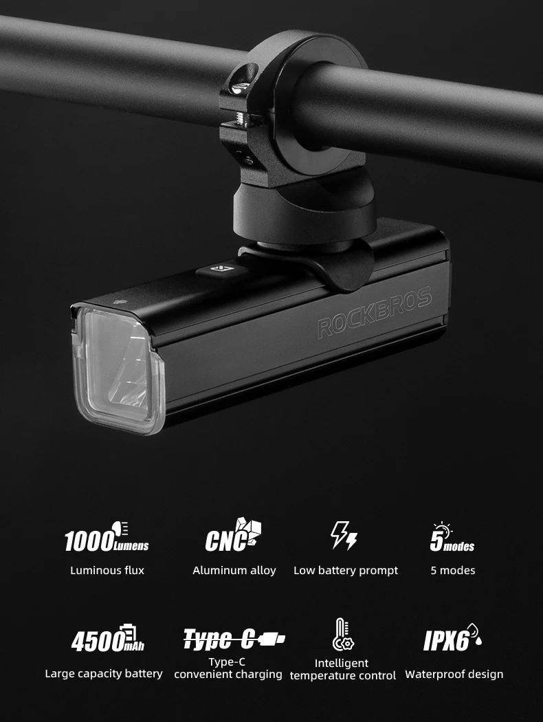 ROCKBROS Bike Front Light 1000LM 4500mAH Lamp Flashlight Type-C Bicycle Light Multi Install Headlights MTB Road Cycling Light