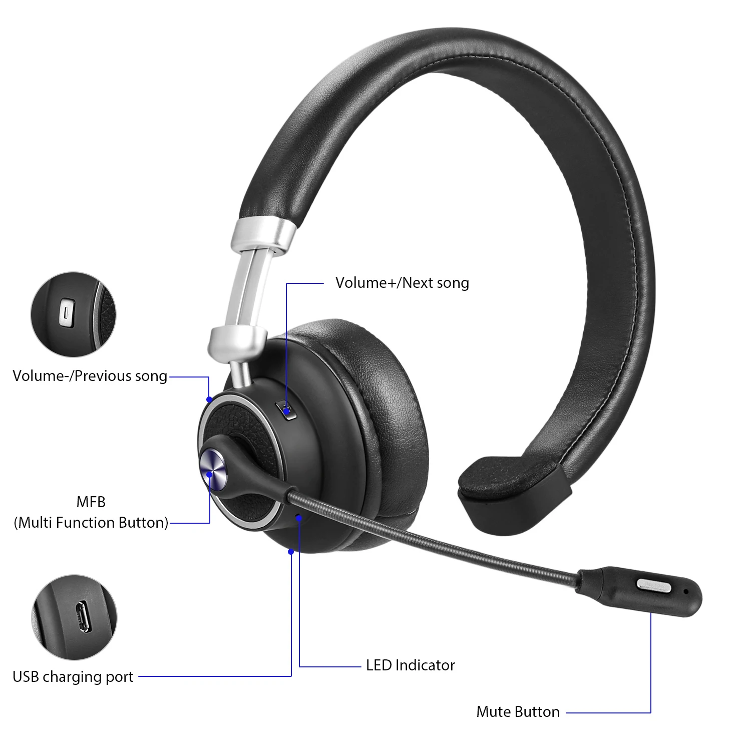 BH-M91 Noise Cancelling Bluetooth CSR Headset Wireless Headset with Microphone for Office Home Business Trucker Drivers