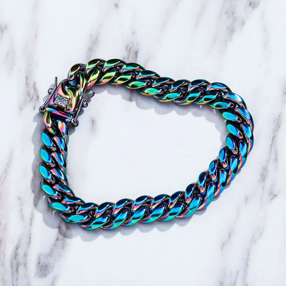 GUCY Fashion 10mm and 14mm Rainbow Color Mens Hip Hop Stainless Steel Cuban Chain Jewelry Hip Hop Bracelet For Gift