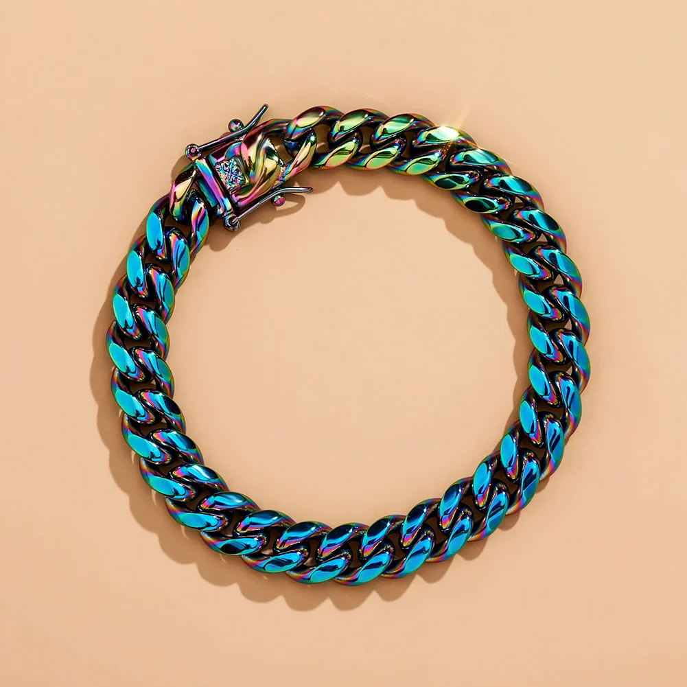 GUCY Fashion 10mm and 14mm Rainbow Color Mens Hip Hop Stainless Steel Cuban Chain Jewelry Hip Hop Bracelet For Gift
