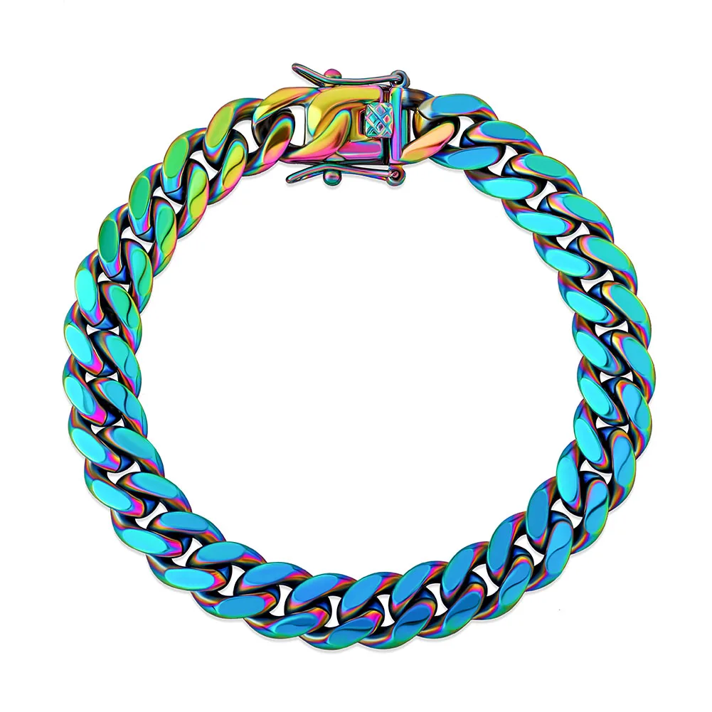 GUCY Fashion 10mm and 14mm Rainbow Color Mens Hip Hop Stainless Steel Cuban Chain Jewelry Hip Hop Bracelet For Gift