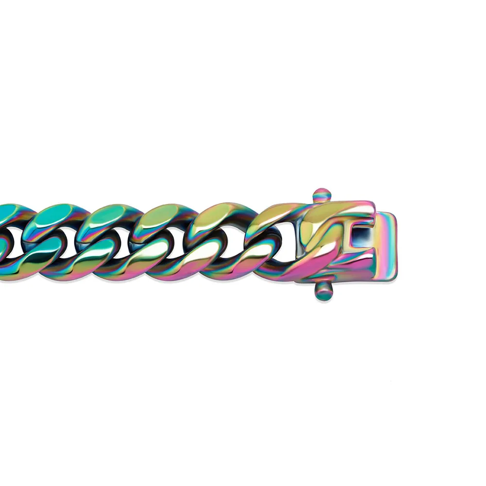 GUCY Fashion 10mm and 14mm Rainbow Color Mens Hip Hop Stainless Steel Cuban Chain Jewelry Hip Hop Bracelet For Gift