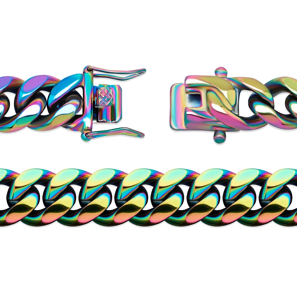 GUCY Fashion 10mm and 14mm Rainbow Color Mens Hip Hop Stainless Steel Cuban Chain Jewelry Hip Hop Bracelet For Gift