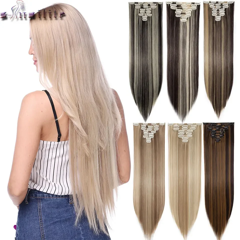 S-noilite Synthetic Clip In Hair Extensions Long Straight Clip In 8pcs/set Hairpieces 26inch Pure Color Pale Blonde Clip In Hair