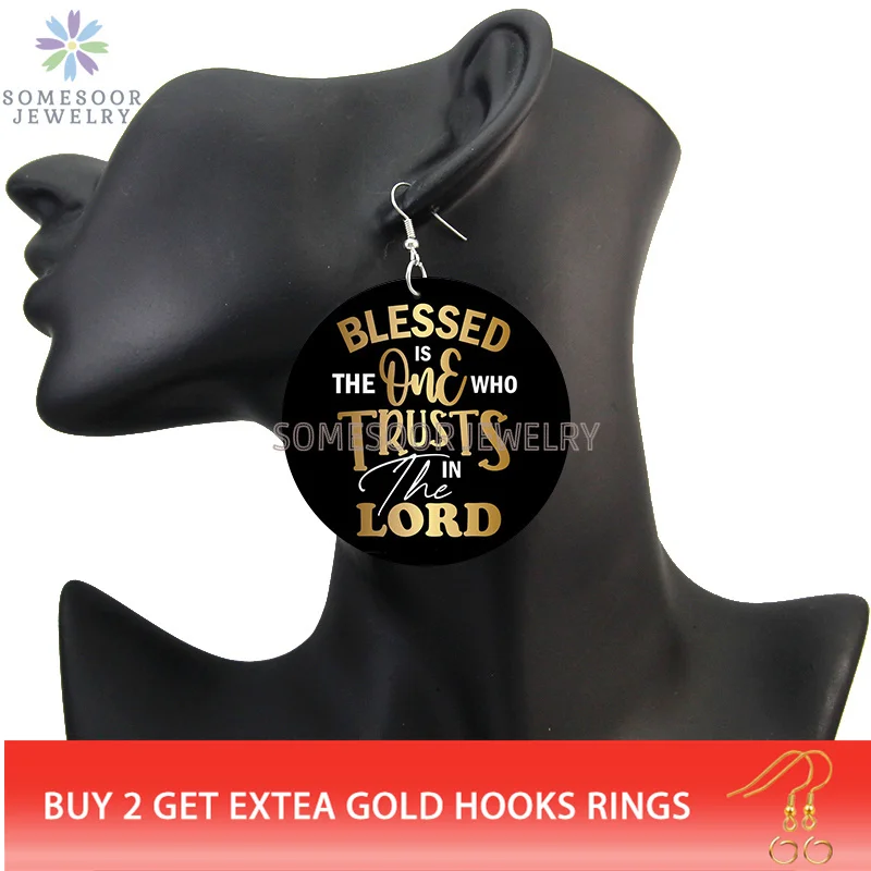 SOMESOOR Blessed And Trust Sayings Printed Wooden Drop Earrings Melanin Definition Loops Dangle Jewelry For Black Women Gifts