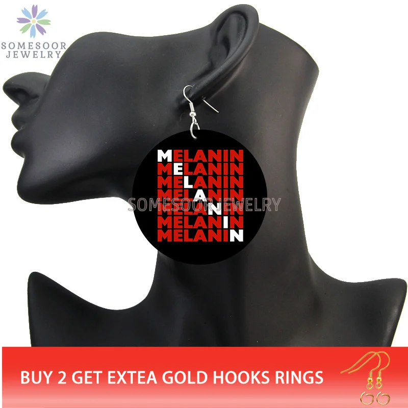 SOMESOOR Blessed And Trust Sayings Printed Wooden Drop Earrings Melanin Definition Loops Dangle Jewelry For Black Women Gifts