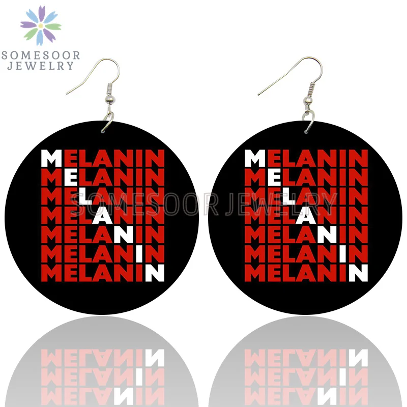 SOMESOOR Blessed And Trust Sayings Printed Wooden Drop Earrings Melanin Definition Loops Dangle Jewelry For Black Women Gifts