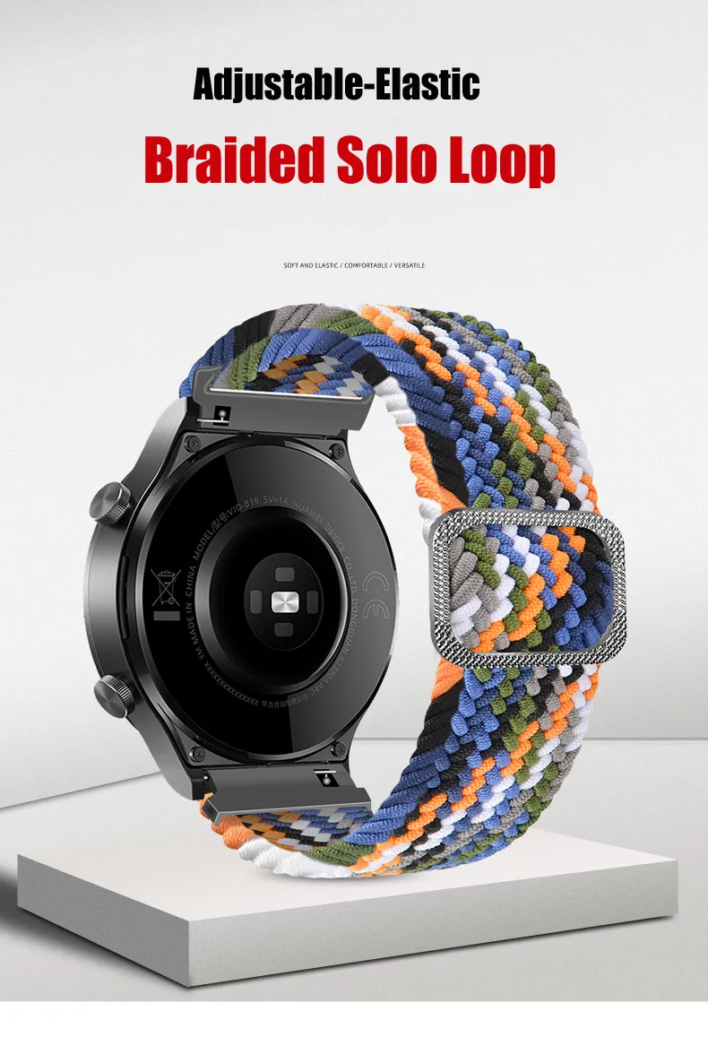 20/22 mm Band for Samsung Galaxy 46mm 42mm/Gear S3 frontier/active 2 Adjustable Braided Solo Loop Huawei watch GT/2/2e/Pro strap